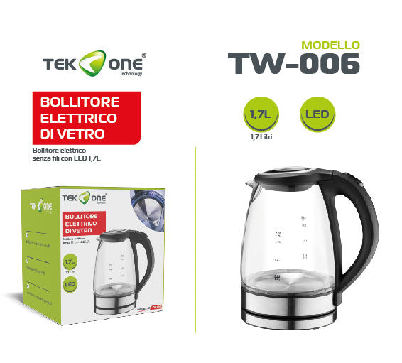 BOLLITORE ELETTRICO DI VETRO senza fili con LED 1.7L TW-006