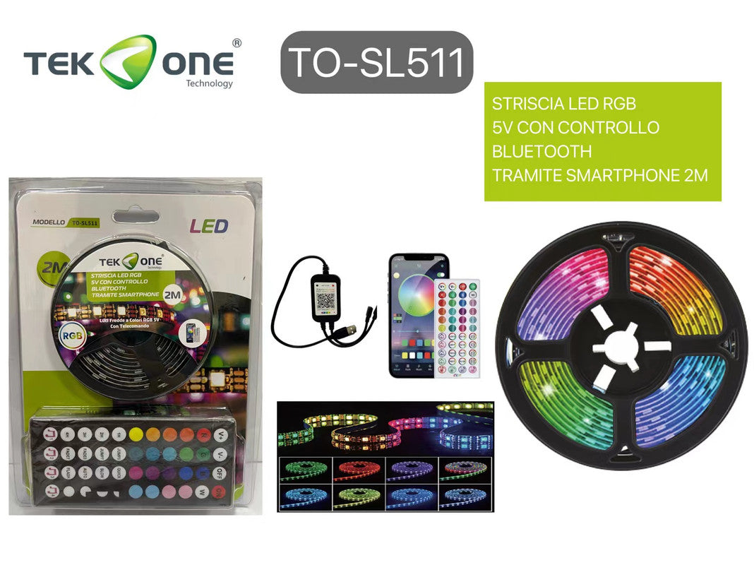 STRISCIA LED RGB 5V CON CONTROLLO BLUETOOTH TRAMITE SMARTPHONE 2M
