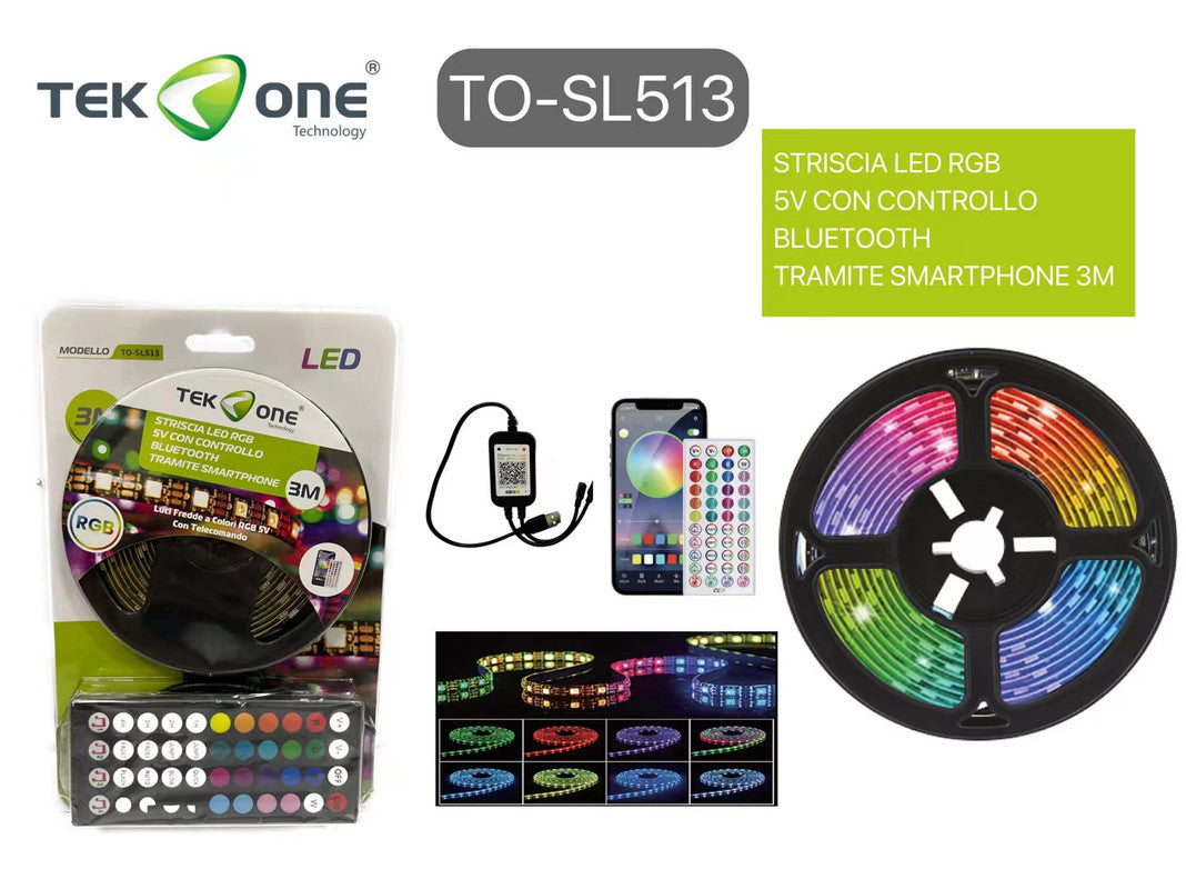 STRISCIA LED RGB 5V CON CONTROLLO BLUETOOTH TRAMITE SMARTPHONE 3M