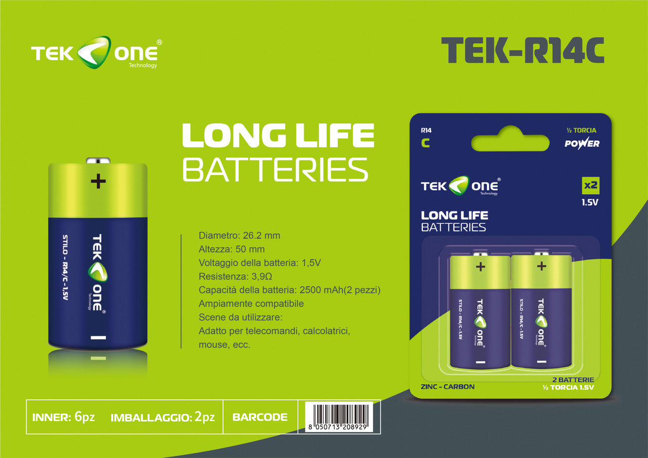 BATTERIA TEKONE LONG LIFE 1/2 TORCIA R14 C 1.5V ZINC-CARBON