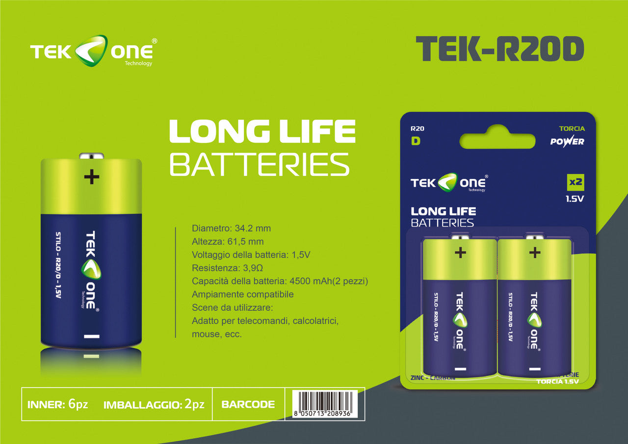 BATTERIA TEKONE LONG LIFE TORCIA R20 D 1.5V ZINC-CARBON