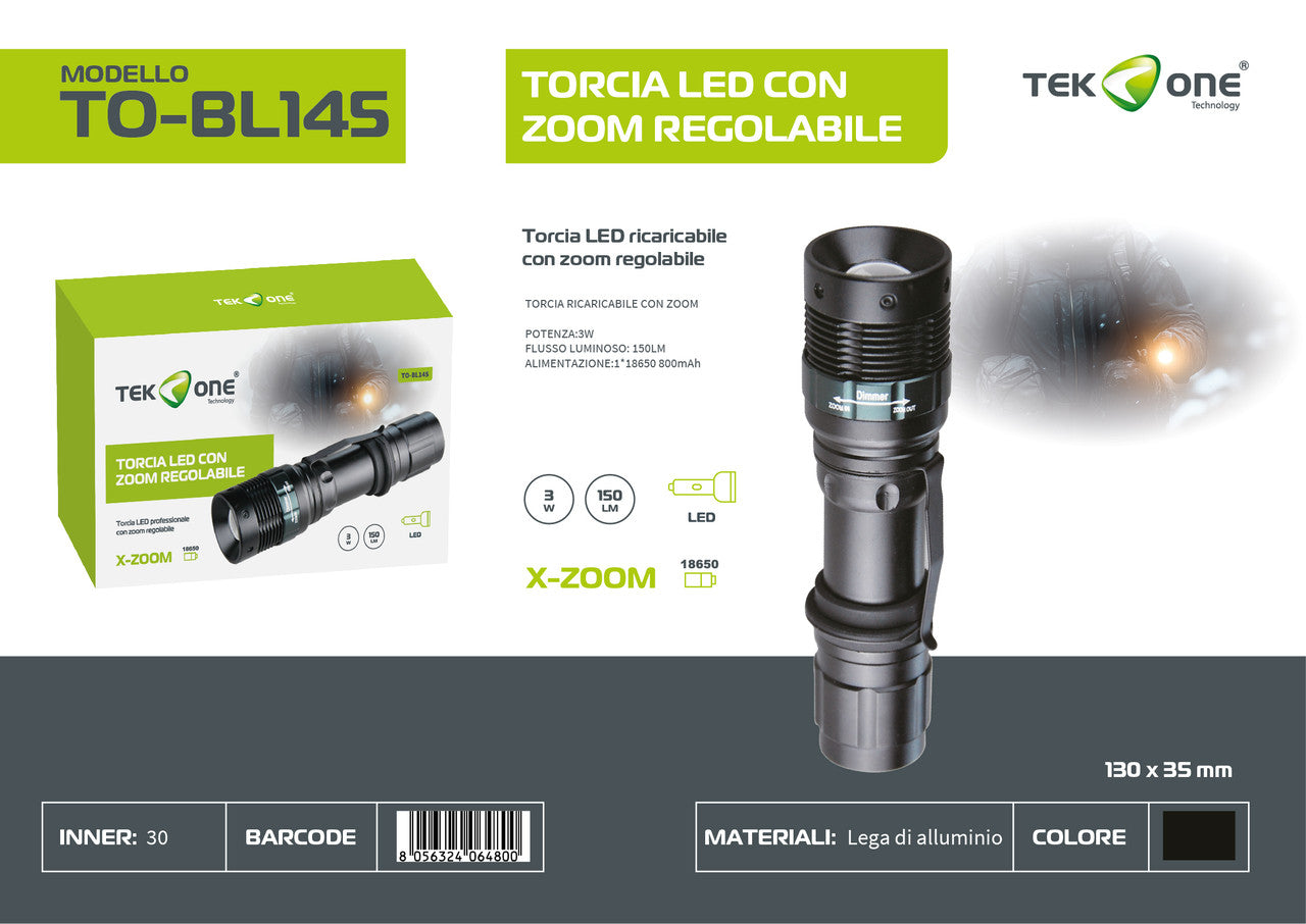 -TORCIA LED COB RICARICABILE CON ZOOM