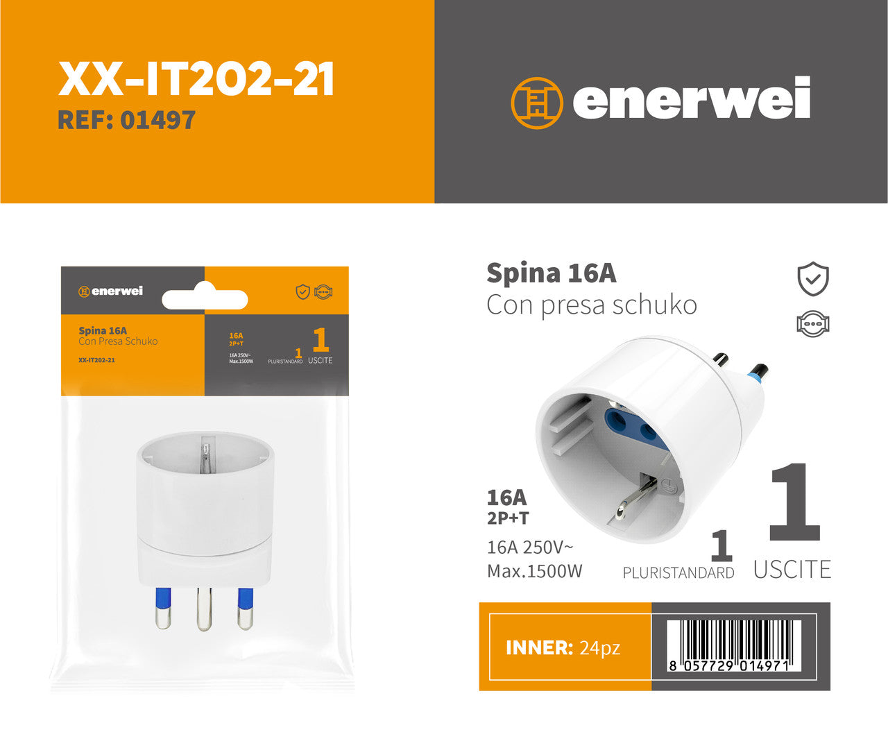 SPINA CON PRESA SCHUKO 16A 250V~ MAX 1500W