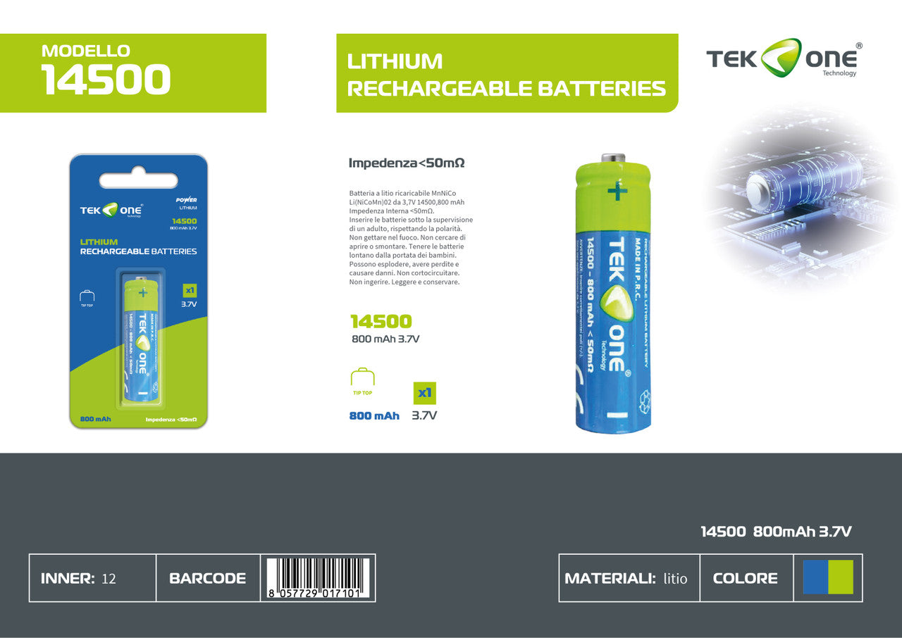 BATTERIA A LITIO 14500 3.7V 800mAh TIP TOP