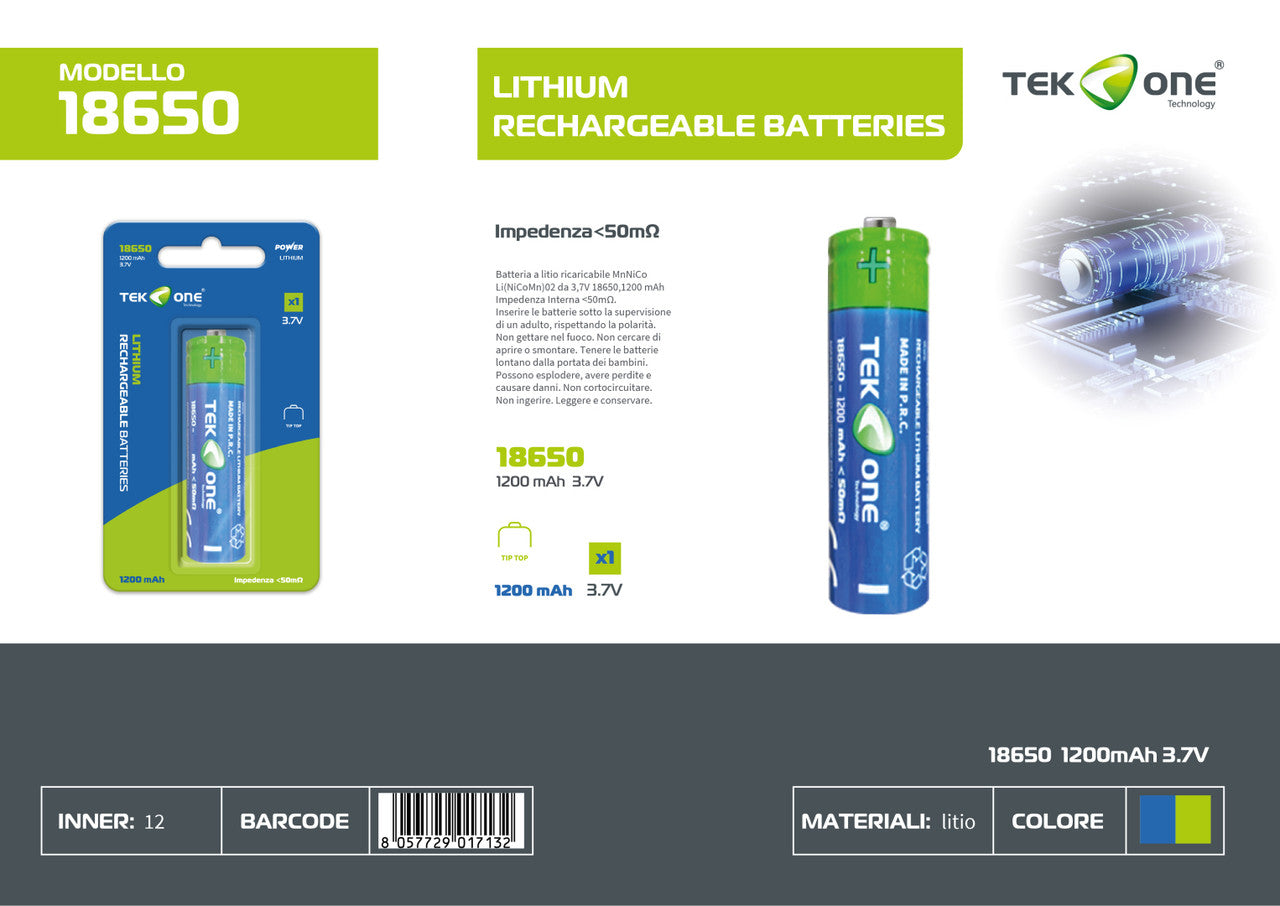 BATTERIA A LITIO 18650 3.7V 1200mAh TIP TOP