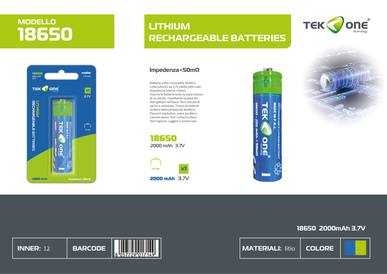 BATTERIA A LITIO 18650 3.7V 2000mAh TIP TOP