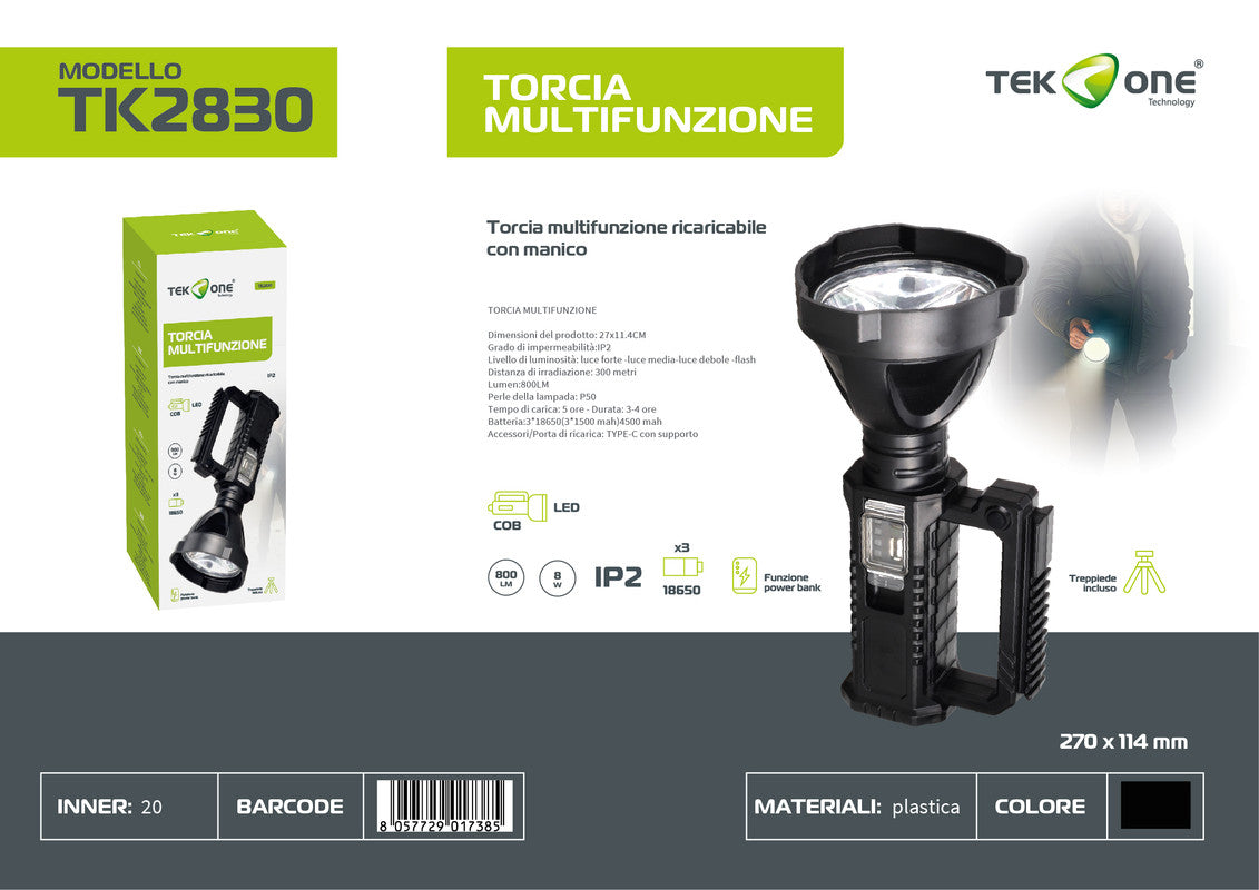 TORCIA MULTIFUNZIONE RICARICABILE CON MANICO 8W 4500mAh