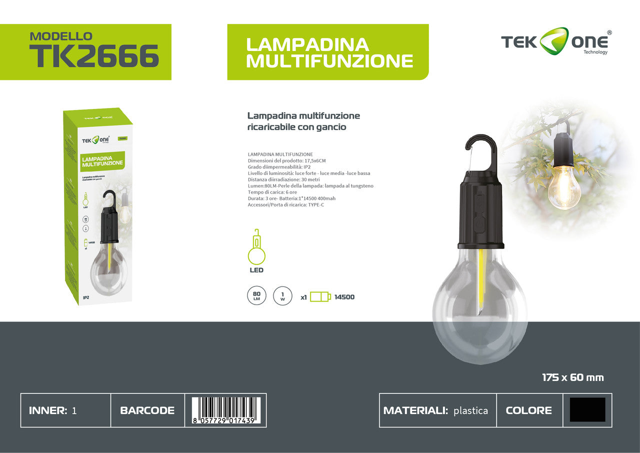 LAMPADINA MULTIFUNZIONE RICARICABILE CON GANCIO 1W 400mAh