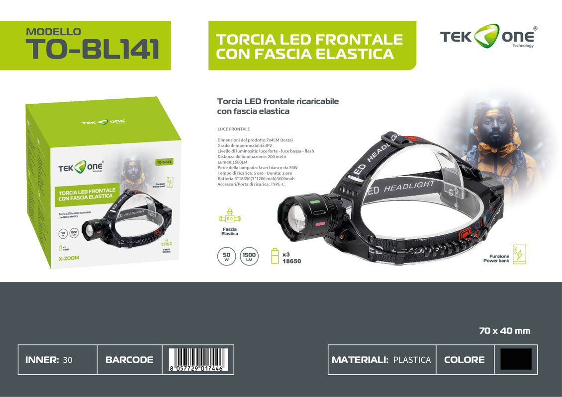 TORCIA LED FRONTALE CON FASCIA ELASTICA 50W 3600mAh