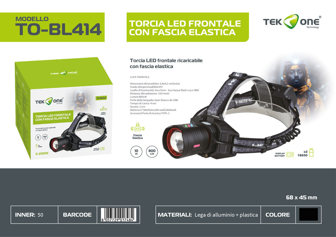 TORCIA LED FRONTALE CON FASCIA ELASTICA 10W 2400mAh