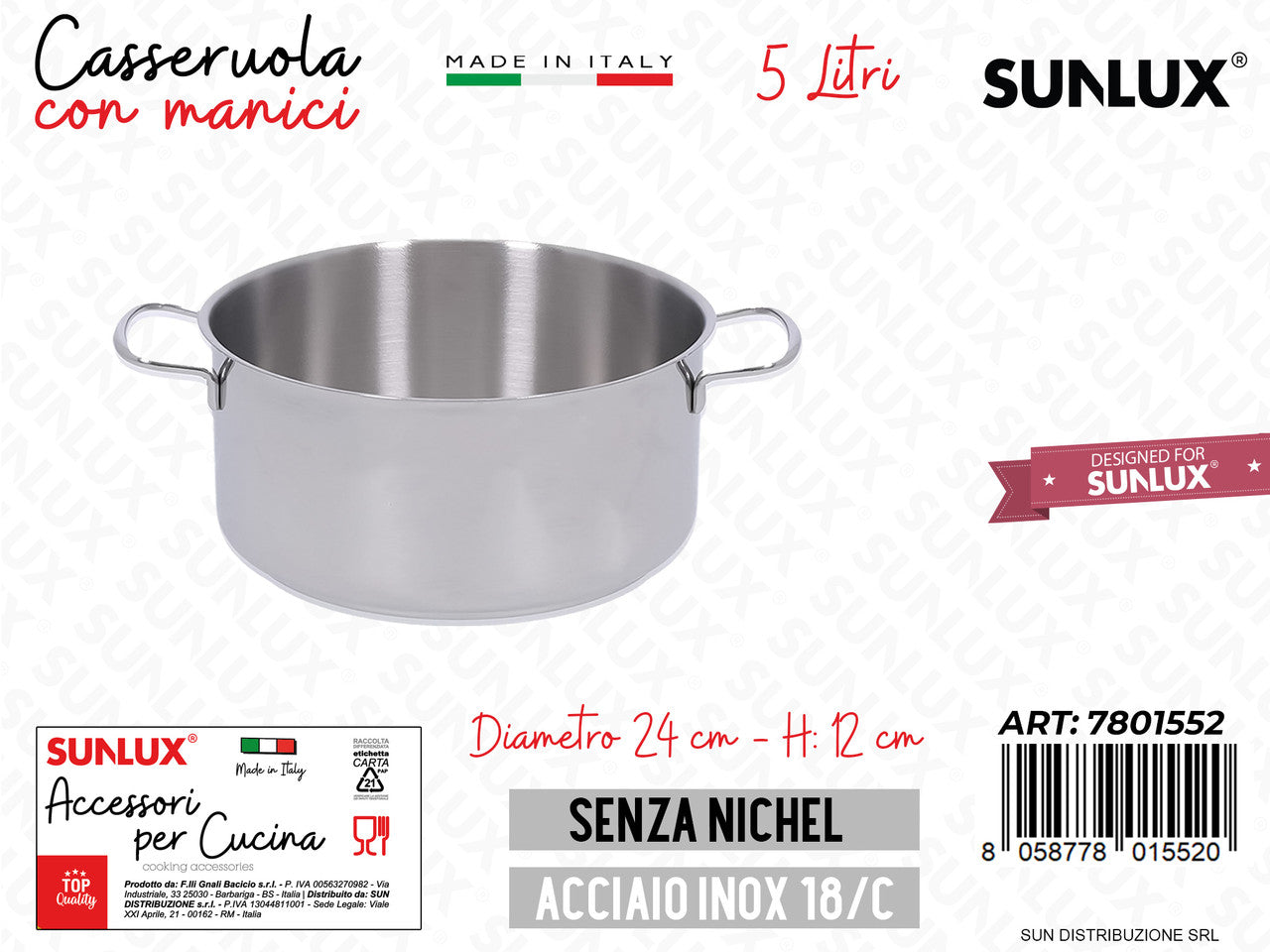 CASSERUOLA FONDA C/ MANICI INOX 24*12CM 5LT