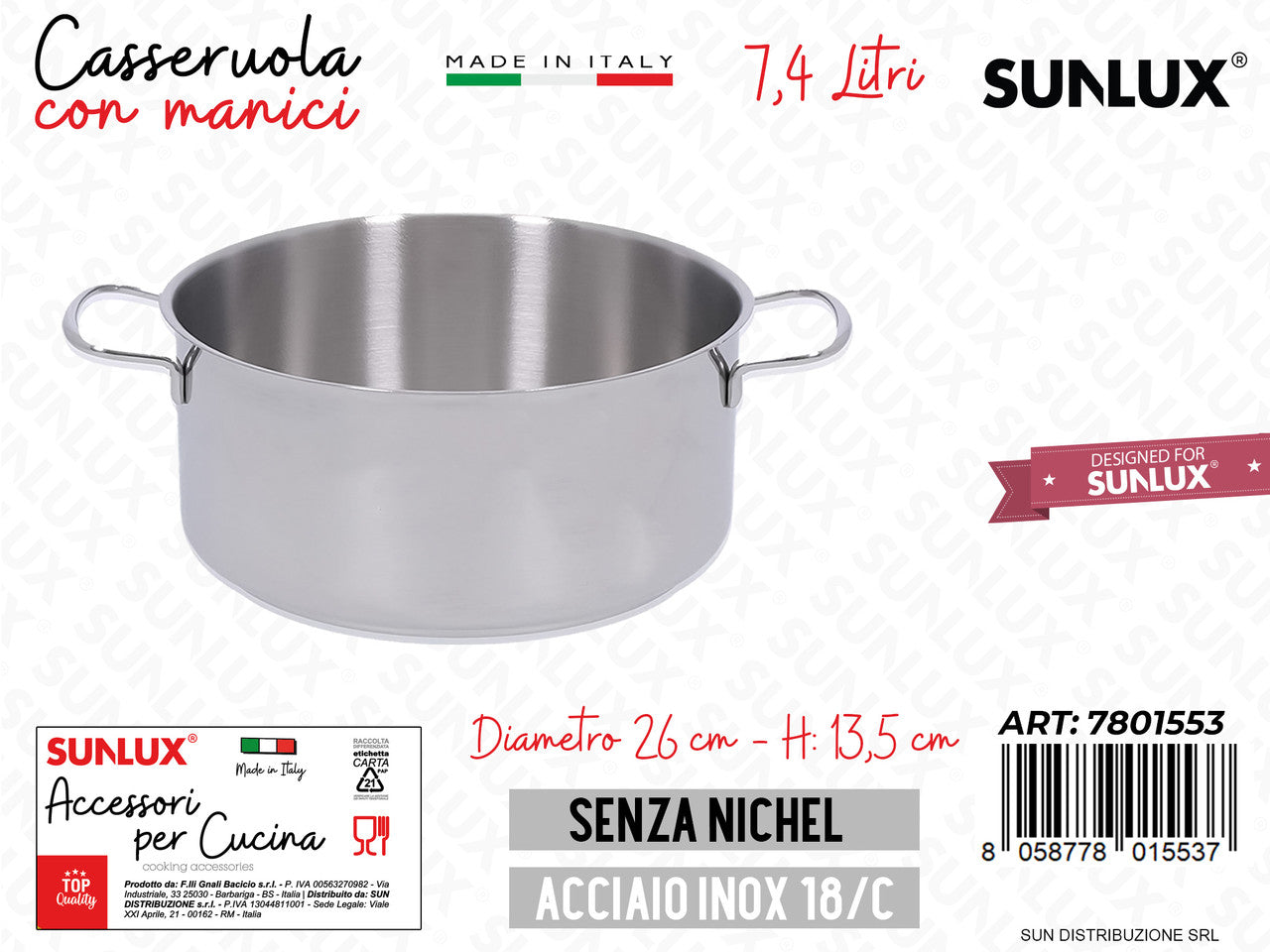 CASSERUOLA FONDA C/ MANICI INOX 26*13.5CM 7.4LT