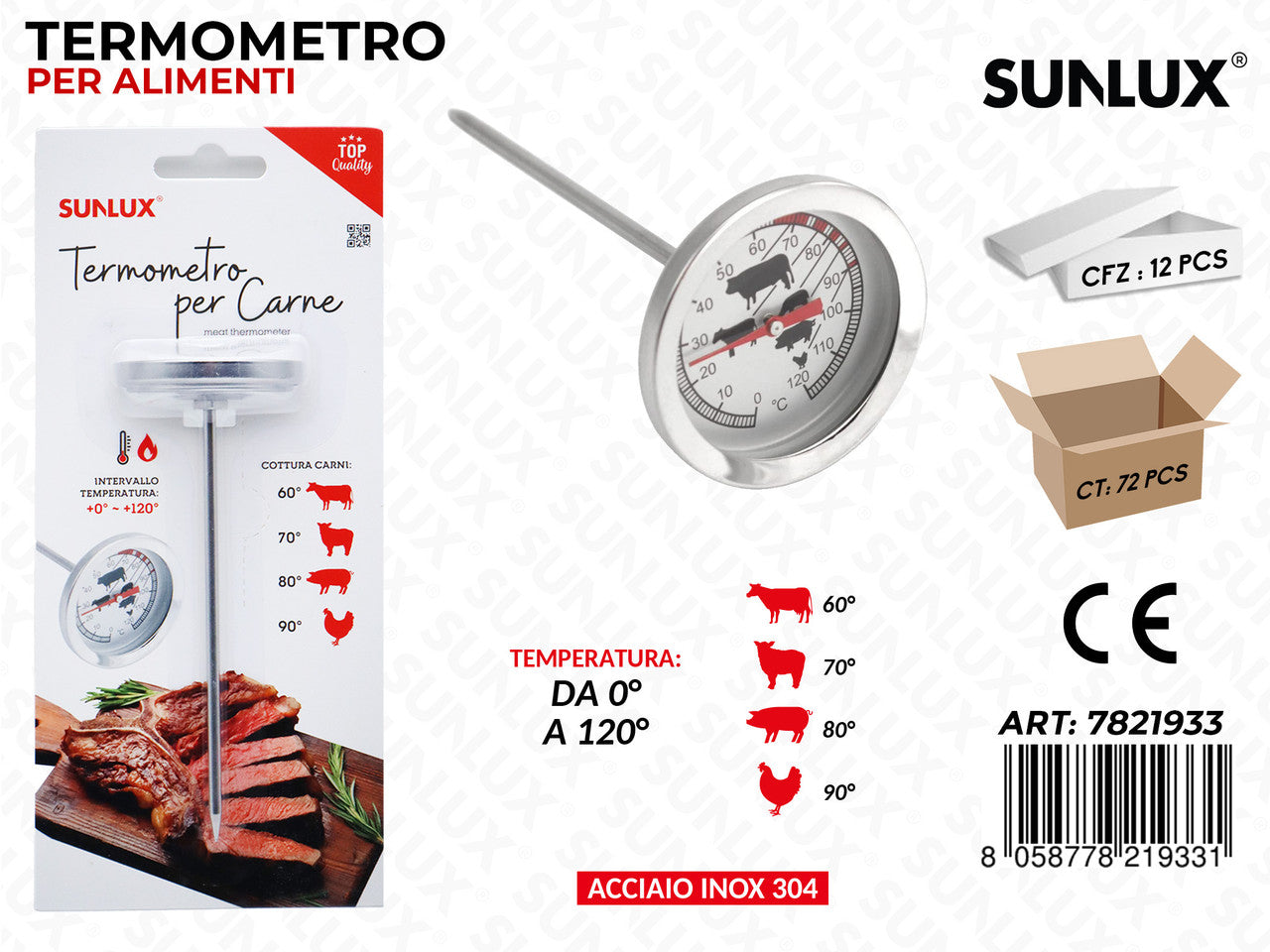 TERMOMETRO PER ALIMENTI ACCIAIO 304 0-120