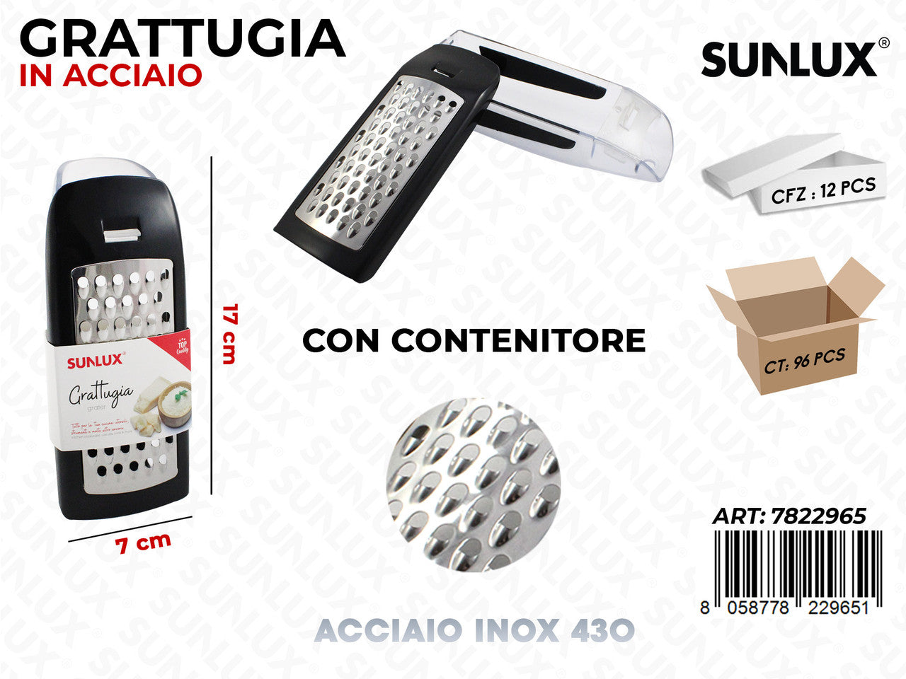GRATTUGIA C/ CONTENITORE IN ACCIAIO 430 7*17CM