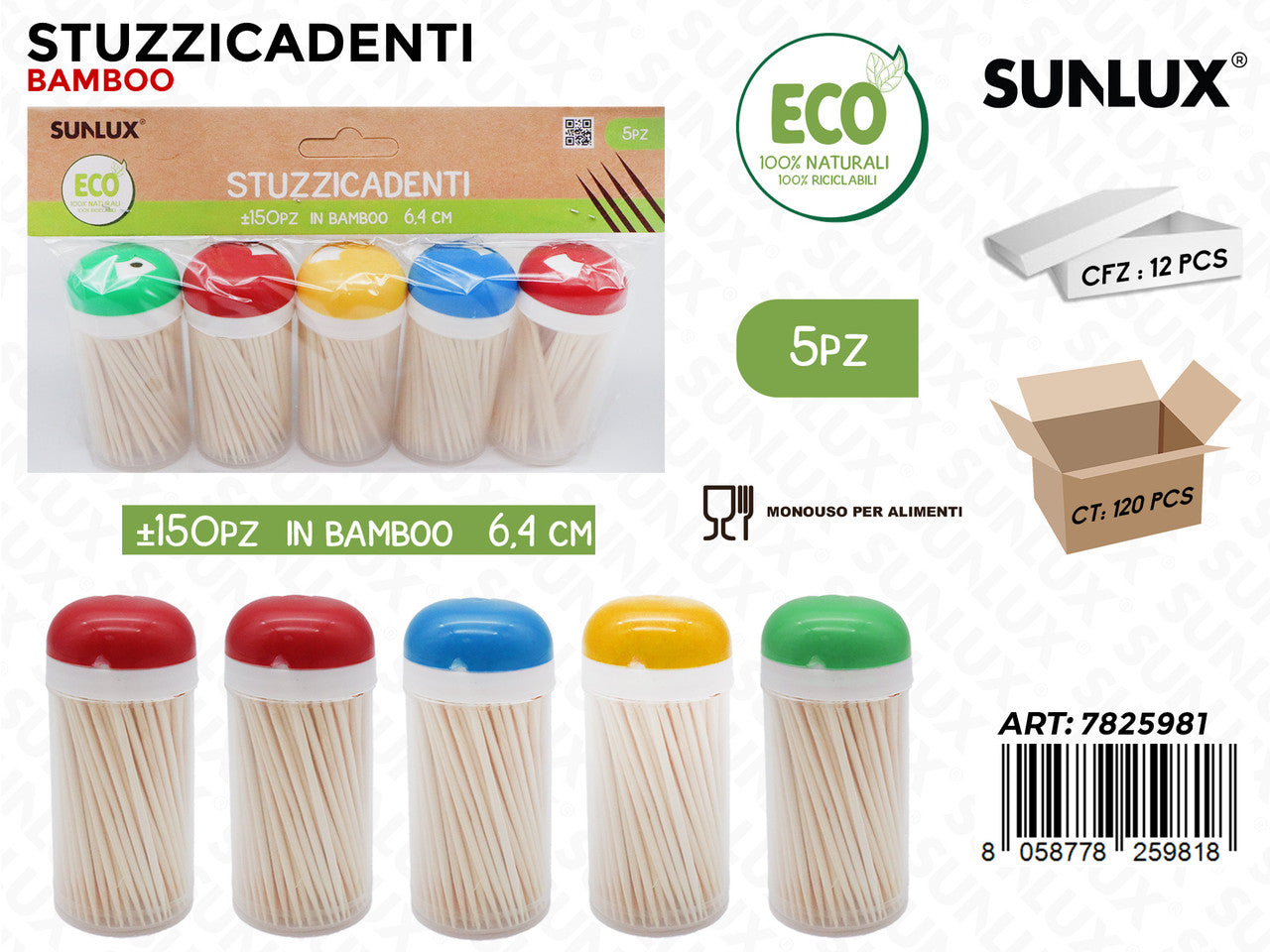 STUZZICADENTI IN BAMBOO 5PCS ASS.150PCS 6.4CM
