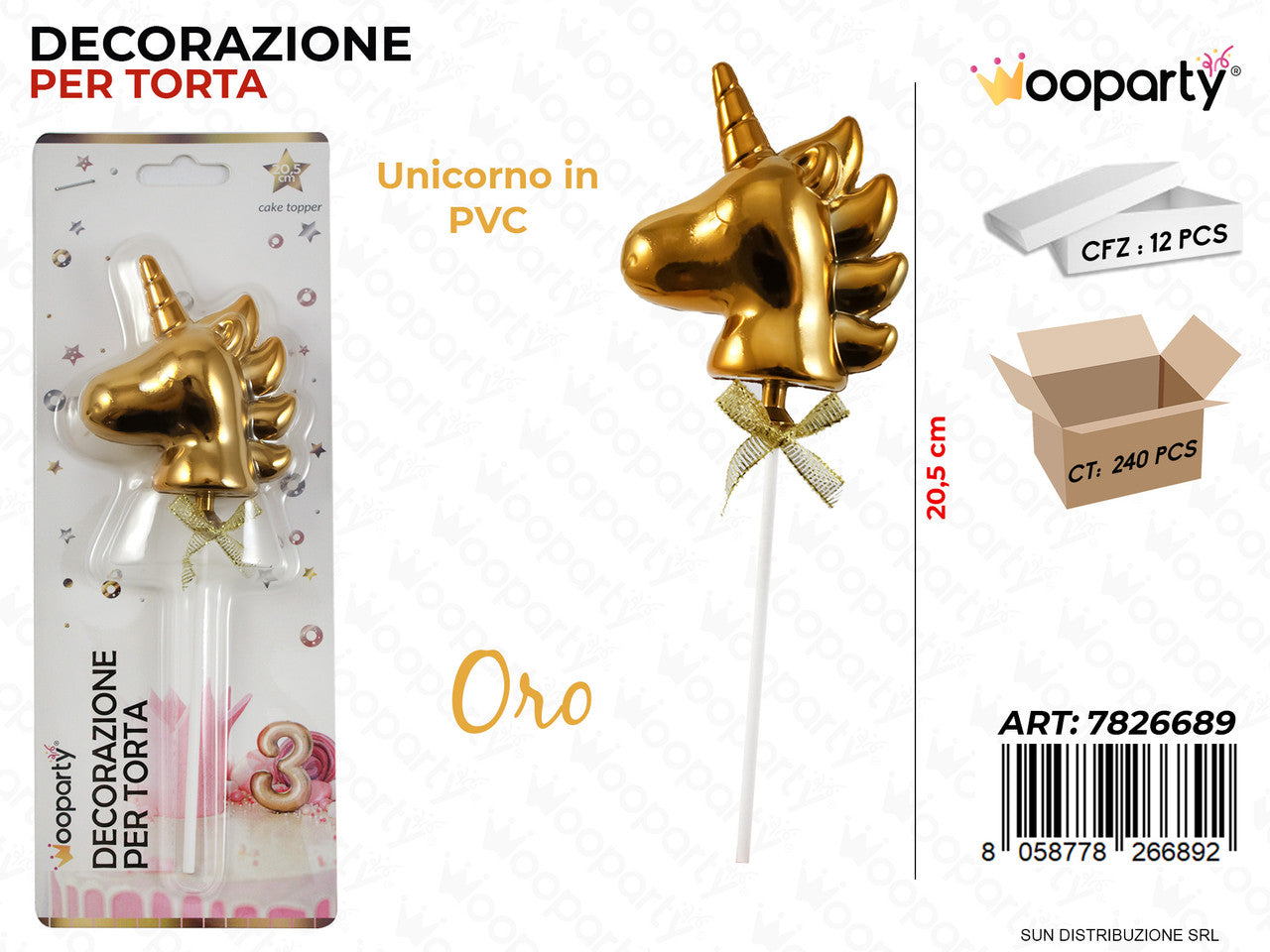 DEC. PER TORTA UNICORNO ORO IN PVC 20.5CM