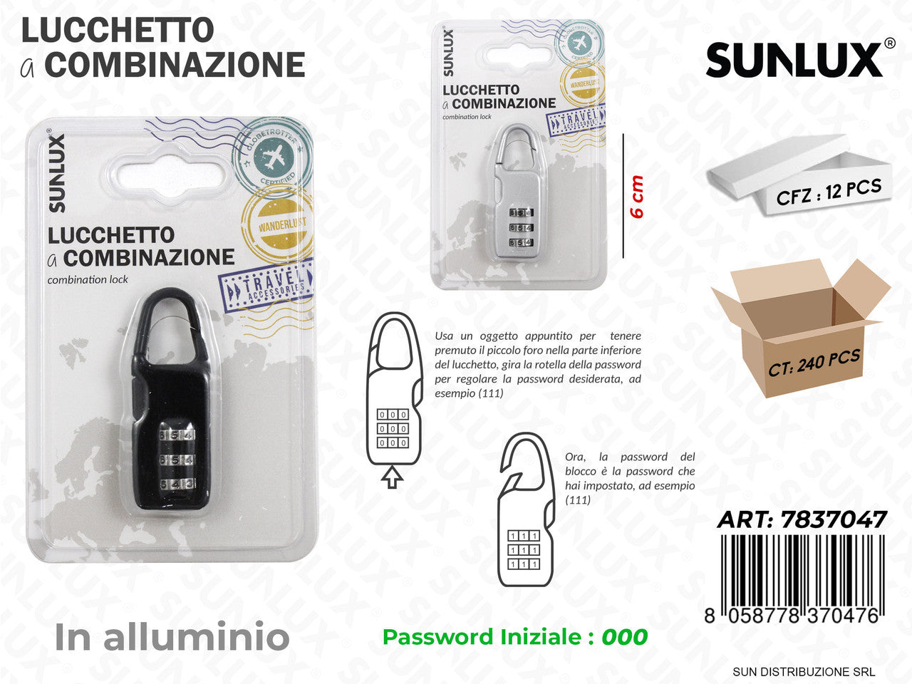 LUCCHETTO A COMBINAZIONE ALLUM. 2COL. 6CM