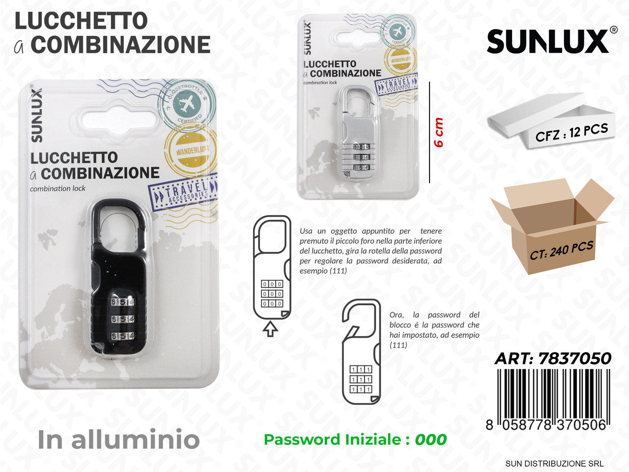 LUCCHETTO A COMBINAZIONE ALLUM. 2COL. 6CM