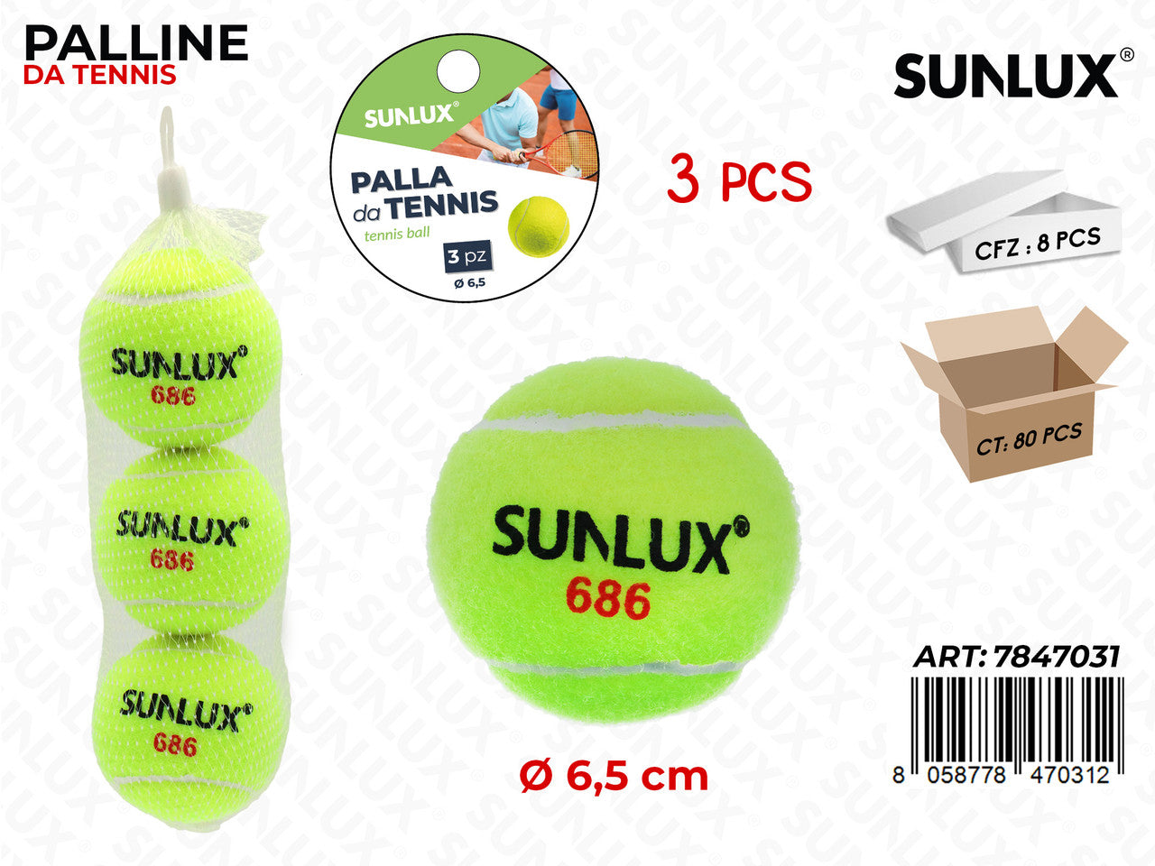 SUNLUX PALLA DA TENNIS 3PCS D.6.5CM