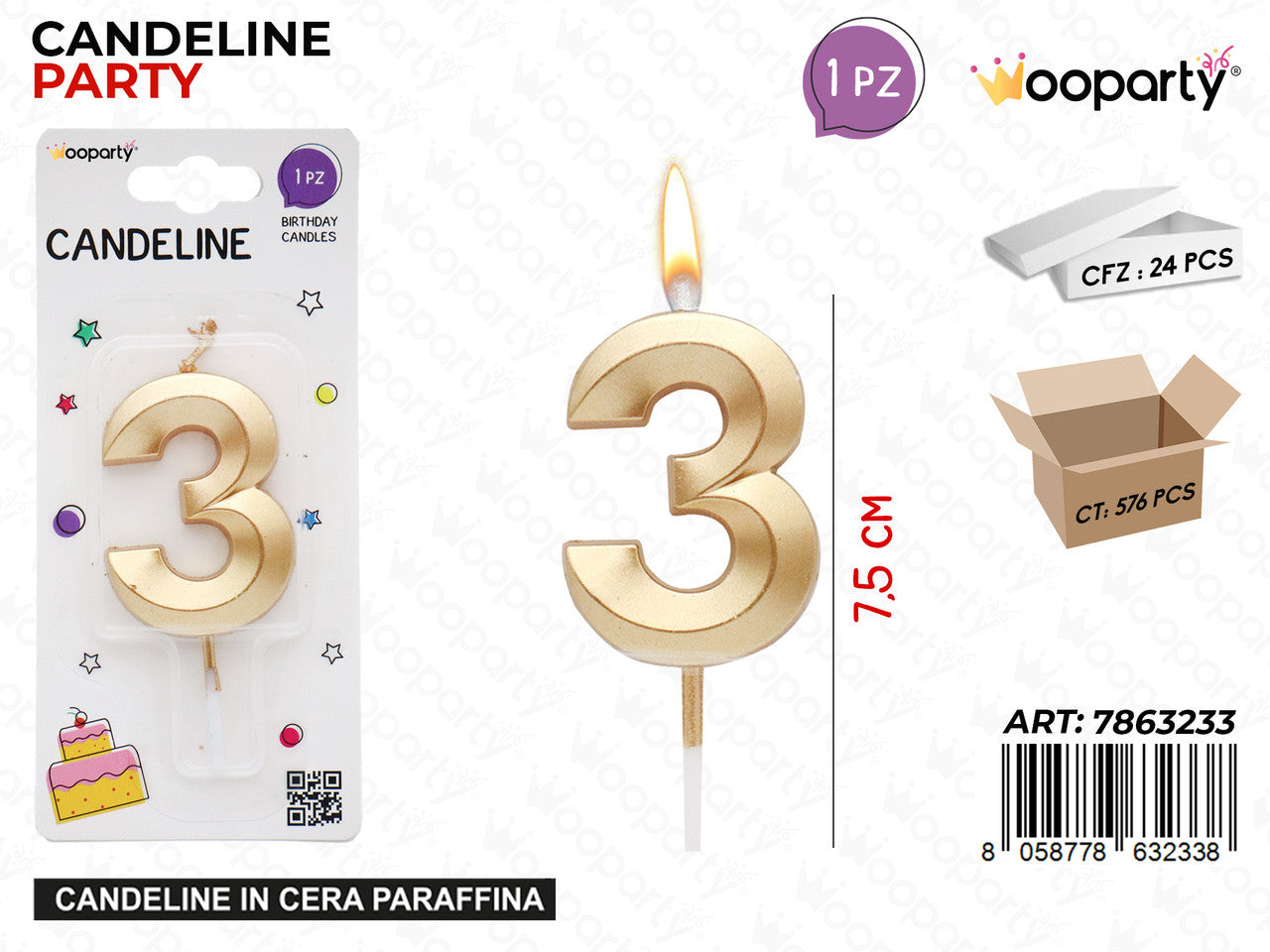 WOOPARTY CANDELINE N.3 ORO 7.5CM