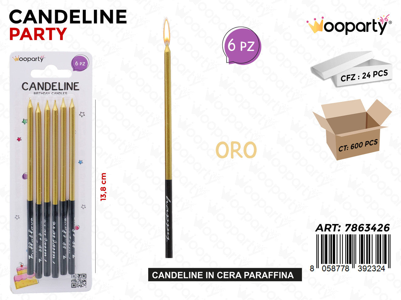 WOOPARTY CANDELINE STELO ORO 6PCS 13.8CM