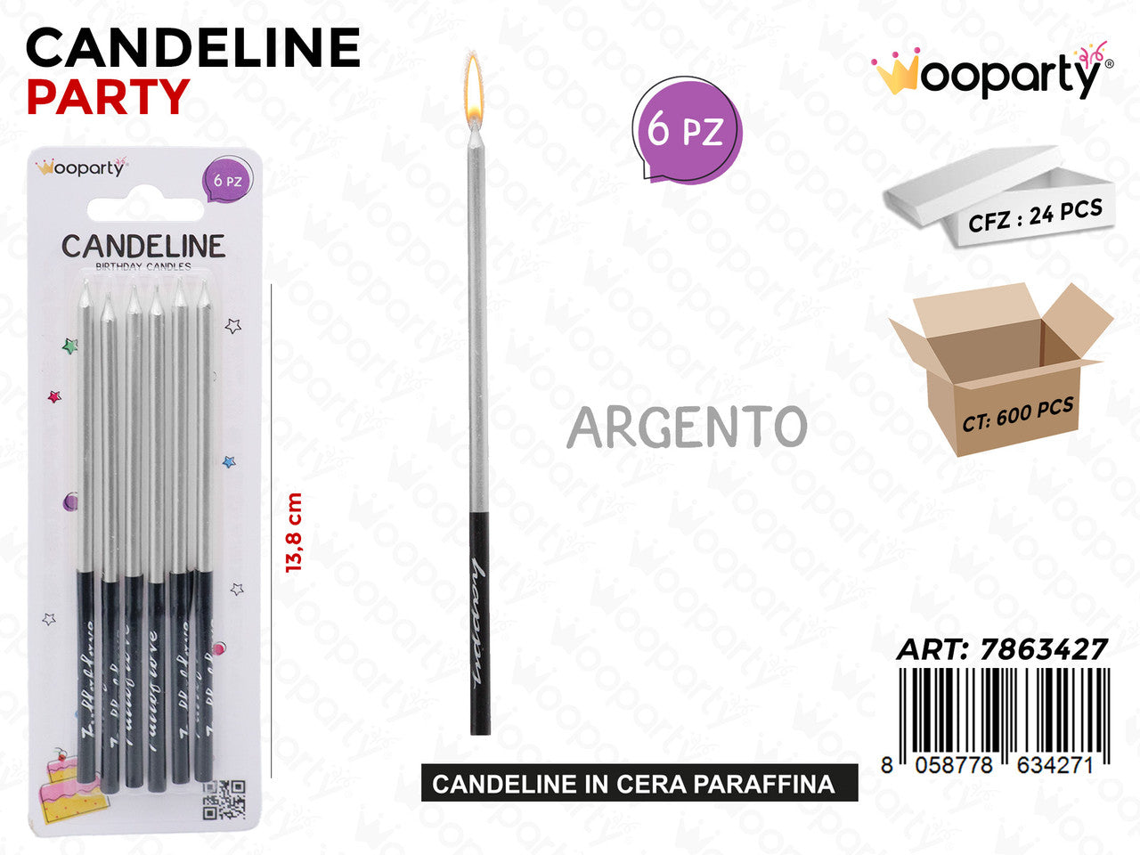 WOOPARTY CANDELINE STELO ARG. 6PCS 13.8CM