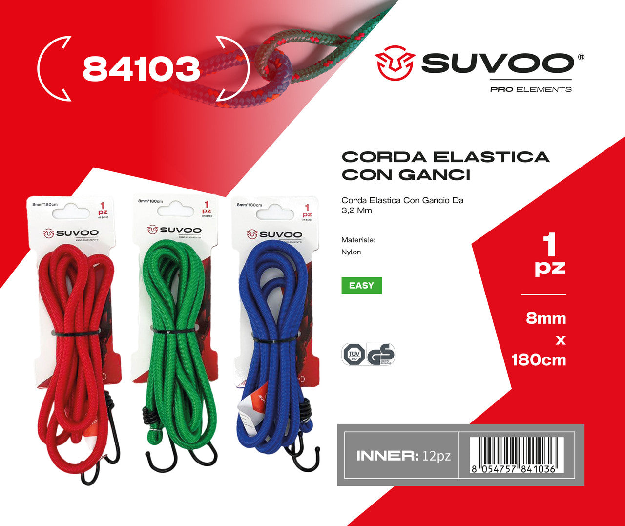 CORDA ELASTICA CON GANCI 8MM*180CM