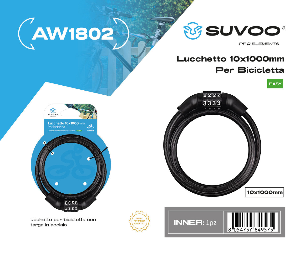 Lucchetto per bicicletta con combinazione di cavo in acciaio 10*1000MM