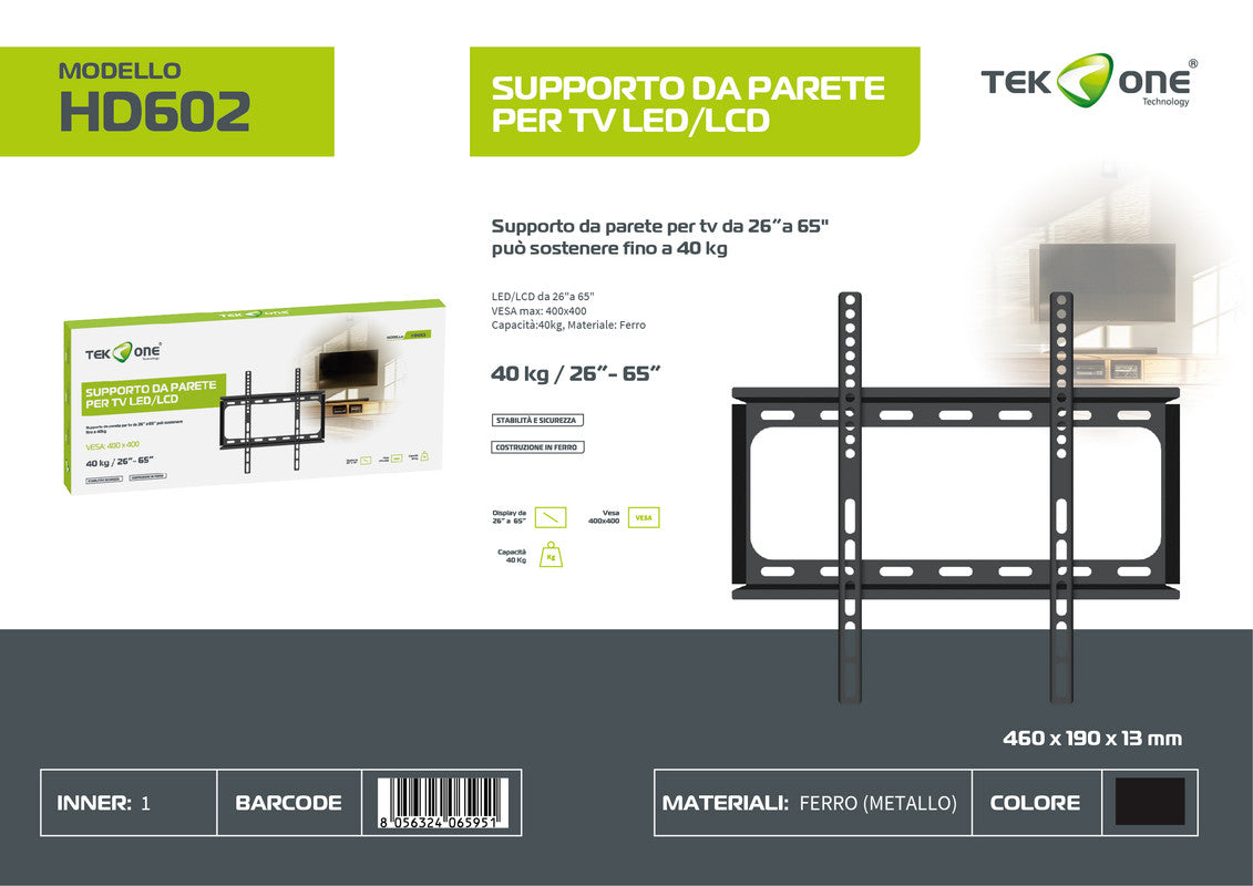 SUPPORTO DA PARETE PER TV LED/LCD 26-65'' 40KG