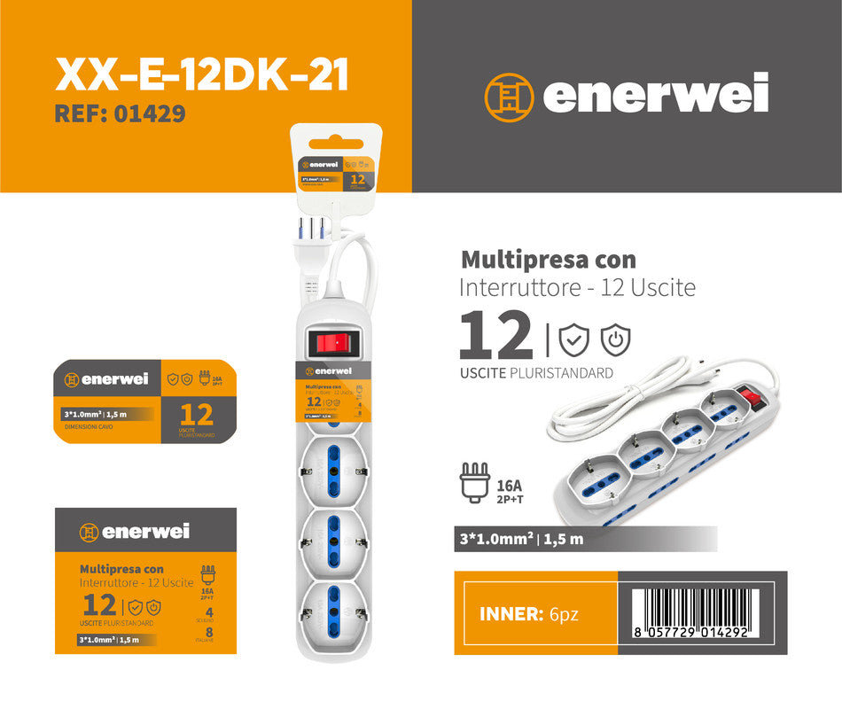 MULTIPRESA CON INTERRUTTORE A 12 USCITE PLURISTANDARD 16A 250V~ MAX 3680W 1.5M