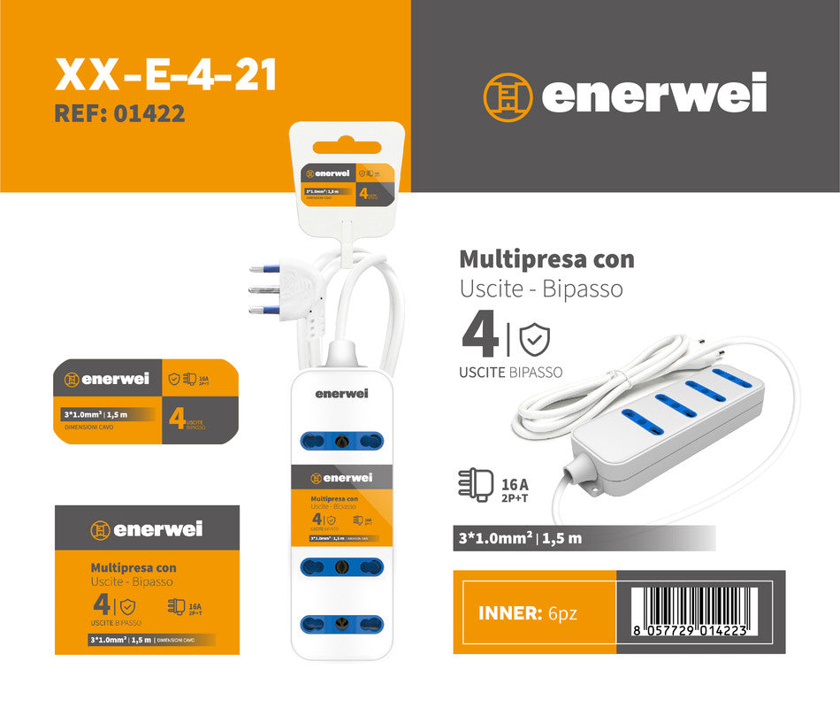 MULTIPRESA CON 4 USCITE PLURISTANDARD 16A 250V~ MAX 3680W 1.5M