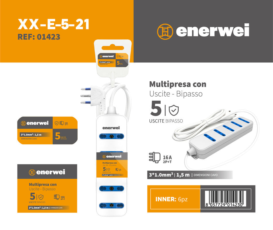 MULTIPRESA CON 5 USCITE PLURISTANDARD 16A 250V~ MAX 3680W 1.5M