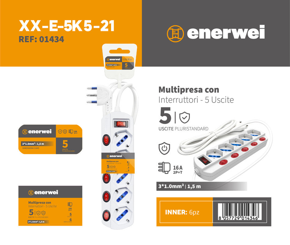 MULTIPRESA CON INTERRUTTORI A 5 USCITE PLURISTANDARD 16A 250V~ MAX 3680W 1.5M