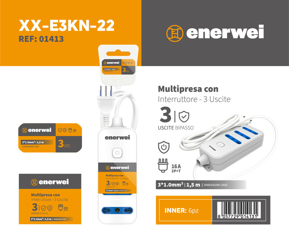 MULTIPRESA CON INTERRUTTORE A 3 USCITE PLURISTANDARD 16A 250V~ MAX 3680W 1.5M