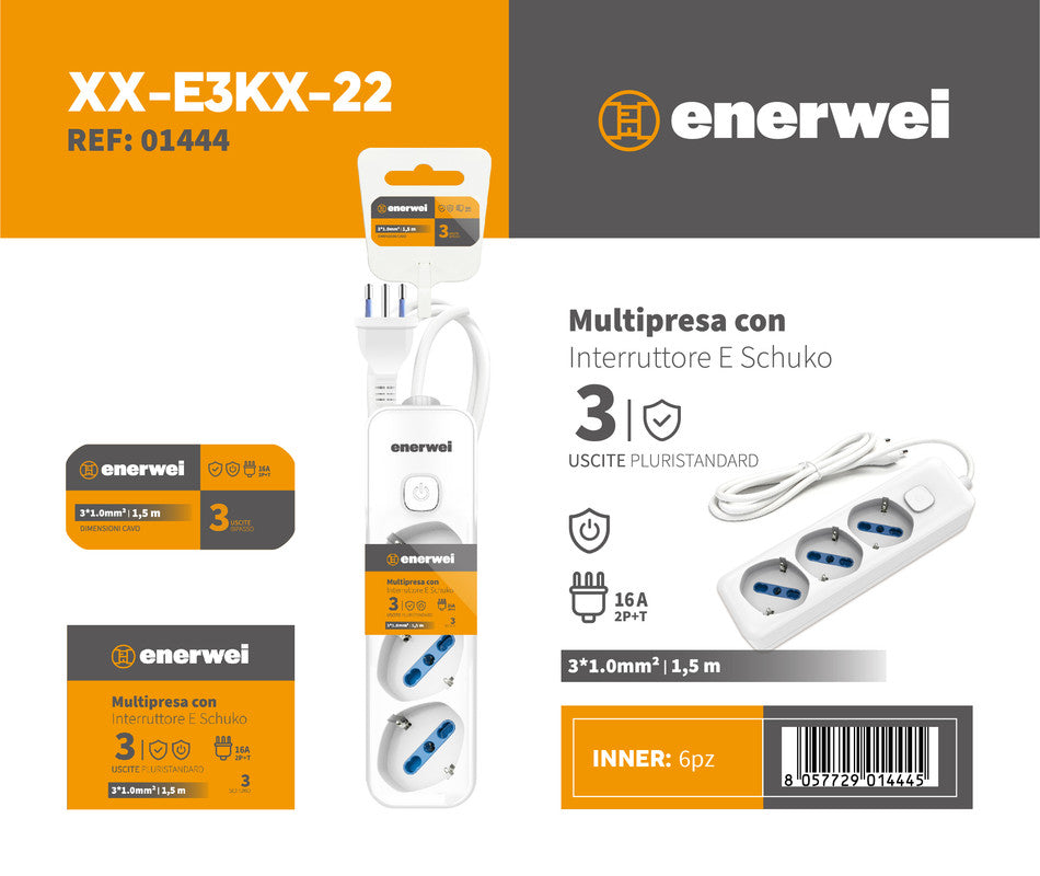MULTIPRESA CON INTERRUTTORE A 3 USCITE PLURISTANDARD 16A 250V~ MAX 3680W 1.5M