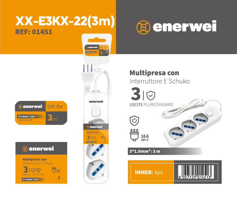 MULTIPRESA CON INTERRUTTORE A 3 USCITE PLURISTANDARD 16A 250V~ MAX 3680W 3M