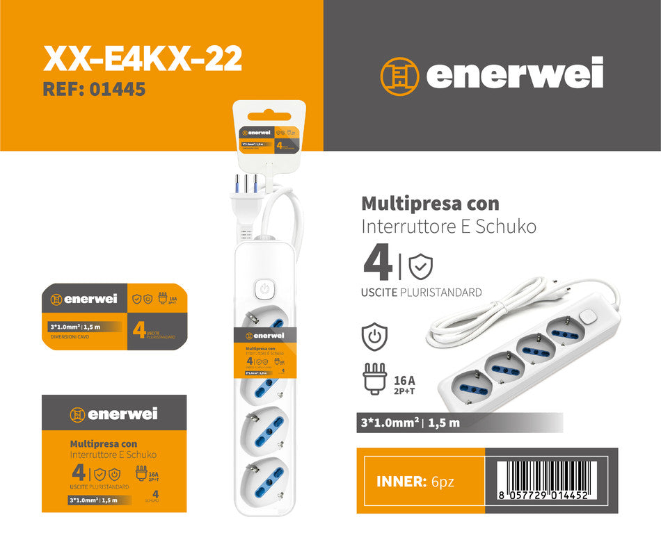 MULTIPRESA CON INTERRUTTORE A 4 USCITE PLURISTANDARD 16A 250V~ MAX 3680W 1.5M