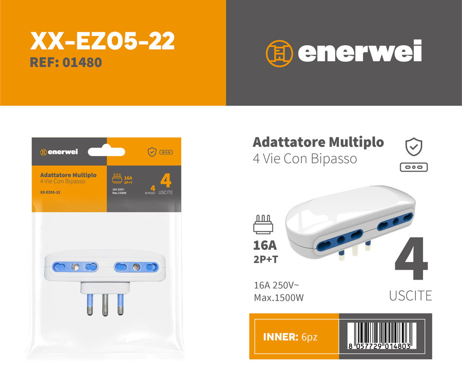 ADATTATORE MULTIPLO A 4 USCITE PLURISTANDARD 16A 250V~ MAX 1500W