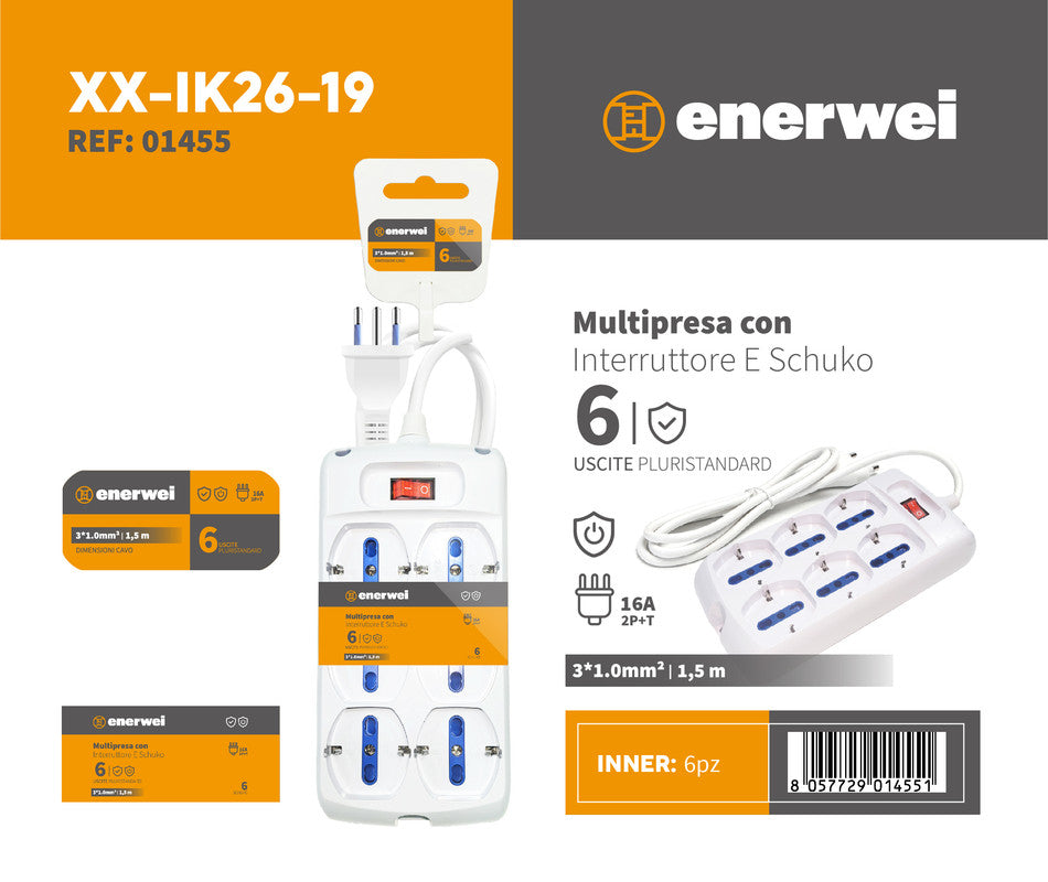 MULTIPRESA CON INTERRUTTORE A 6 USCITE PLURISTANDARD 16A 250V~ MAX 3680W 1.5M