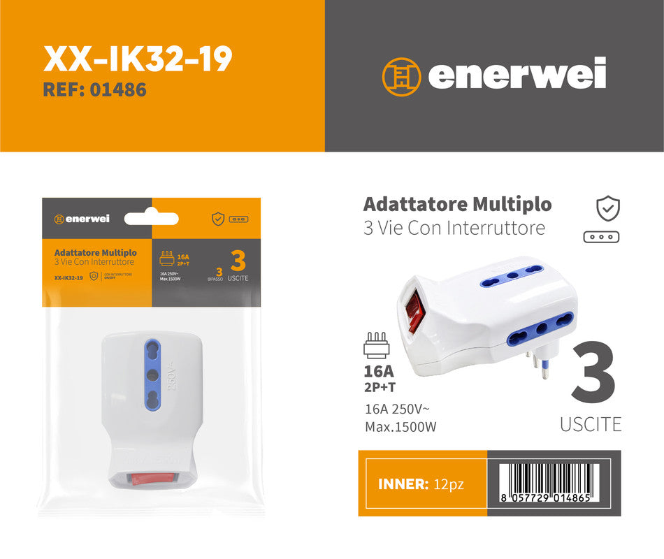 ADATTATORE MULTIPLO A 3 USCITE CON INTERRUTTORE 16A 250V~ MAX 1500W