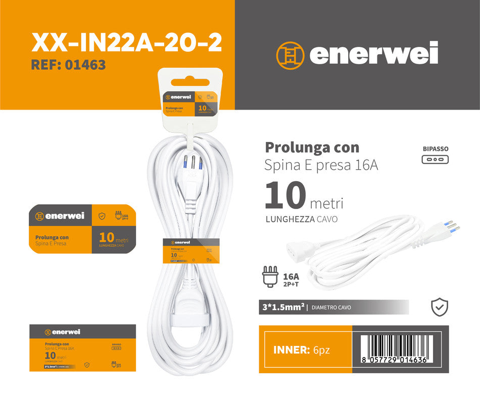 PROLUNGA CON SPINA E PRESA 16A 250V~ MAX 3680W 10M