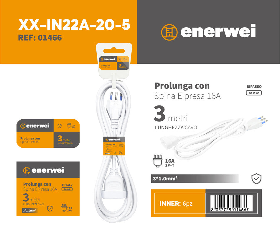PROLUNGA CON SPINA E PRESA 16A 250V~ MAX 3680W 3M