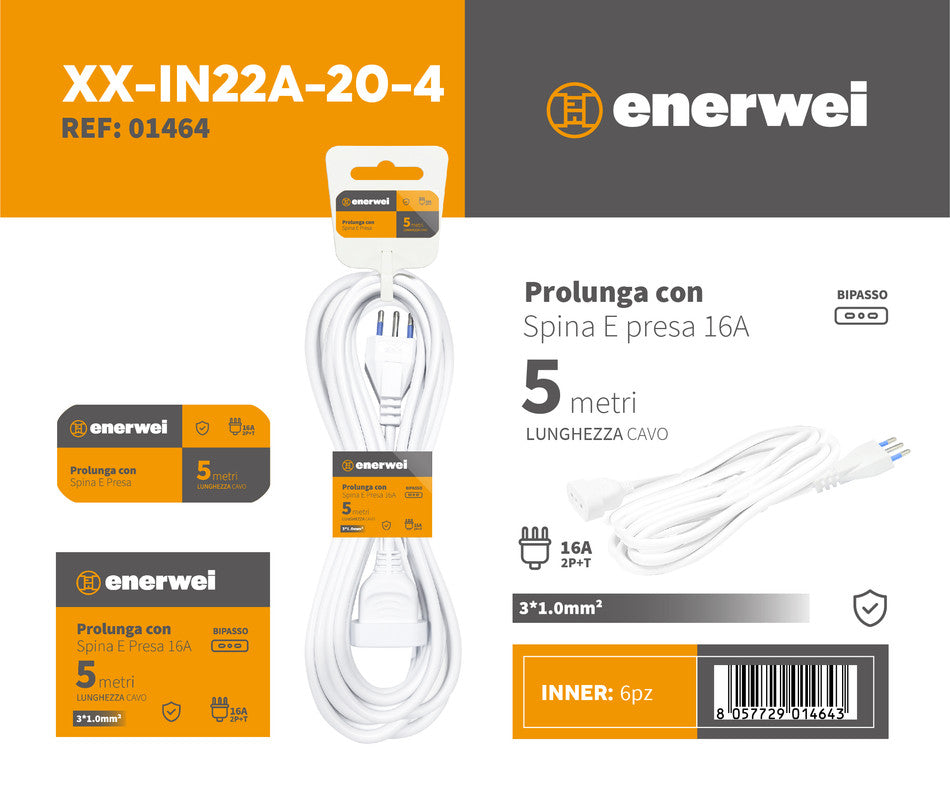 PROLUNGA CON SPINA E PRESA 16A 250V~ MAX 3680W 5M