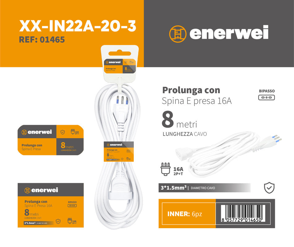 PROLUNGA CON SPINA E PRESA 16A 250V~ MAX 3680W 8M