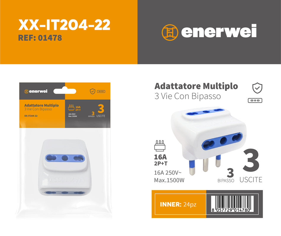 ADATTATORE MULTIPLO A 3 USCITE PLURISTANDARD 16A 250V~ MAX 1500W