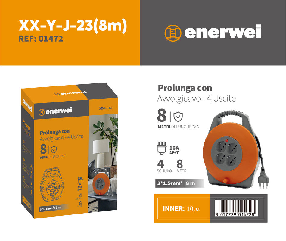 PROLUNGA CON AVVOLGICAVO 4 USCITE 4A 1100W 12A 3000W 8M