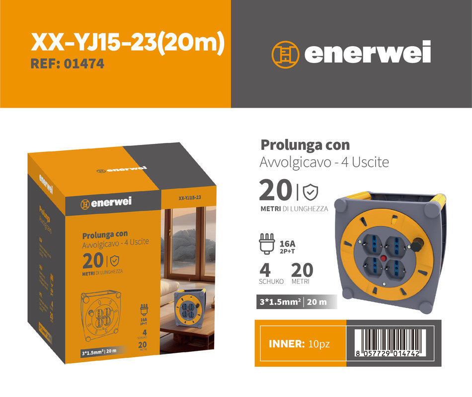 PROLUNGA CON AVVOLGICAVO 4 USCITE 4A 1100W 12A 3000W 20M